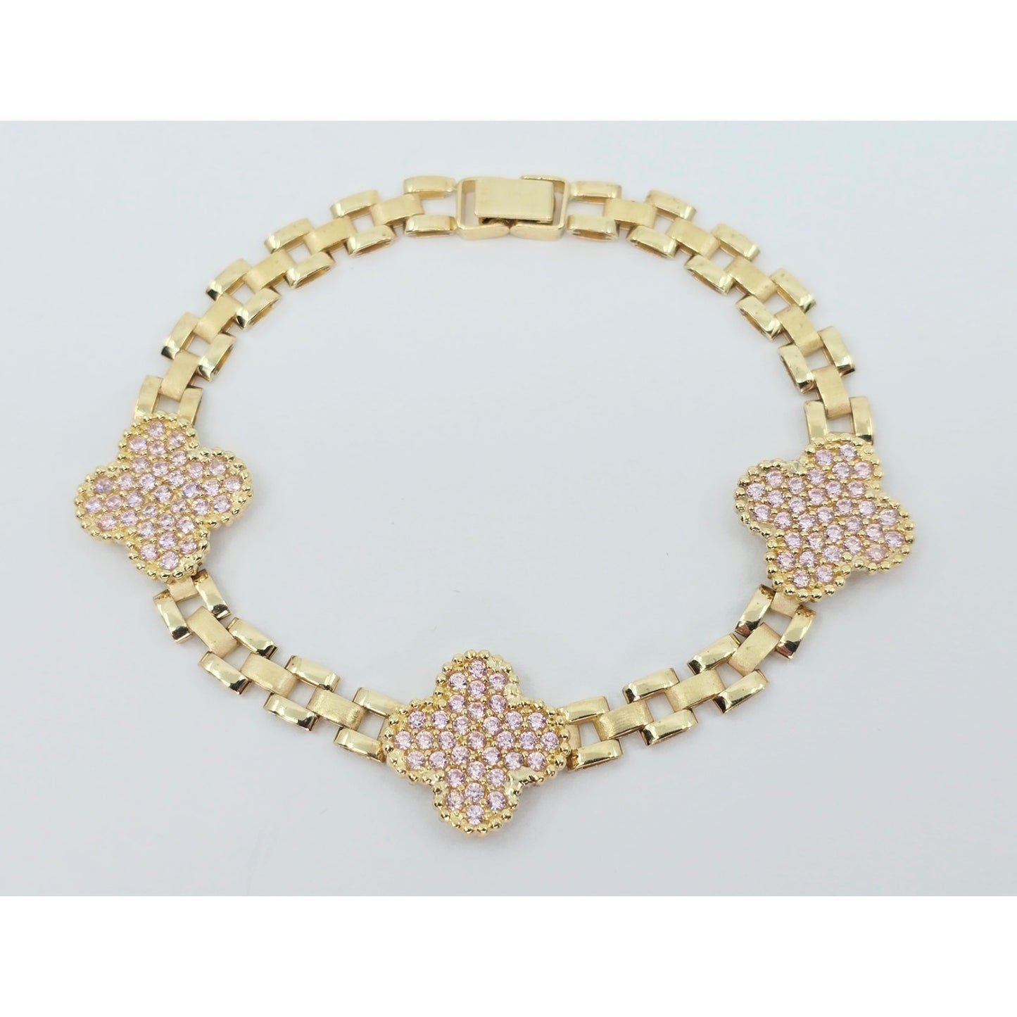 10K Yellow Gold Four Leaf Clover Rolex Link Chain CZ Bracelet