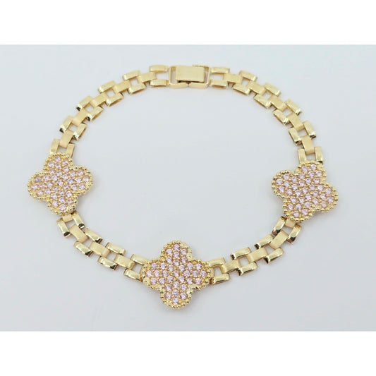 10K Yellow Gold Four Leaf Clover Rolex Link Chain CZ Bracelet