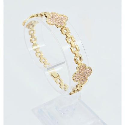 10K Yellow Gold Four Leaf Clover Rolex Link Chain CZ Bracelet