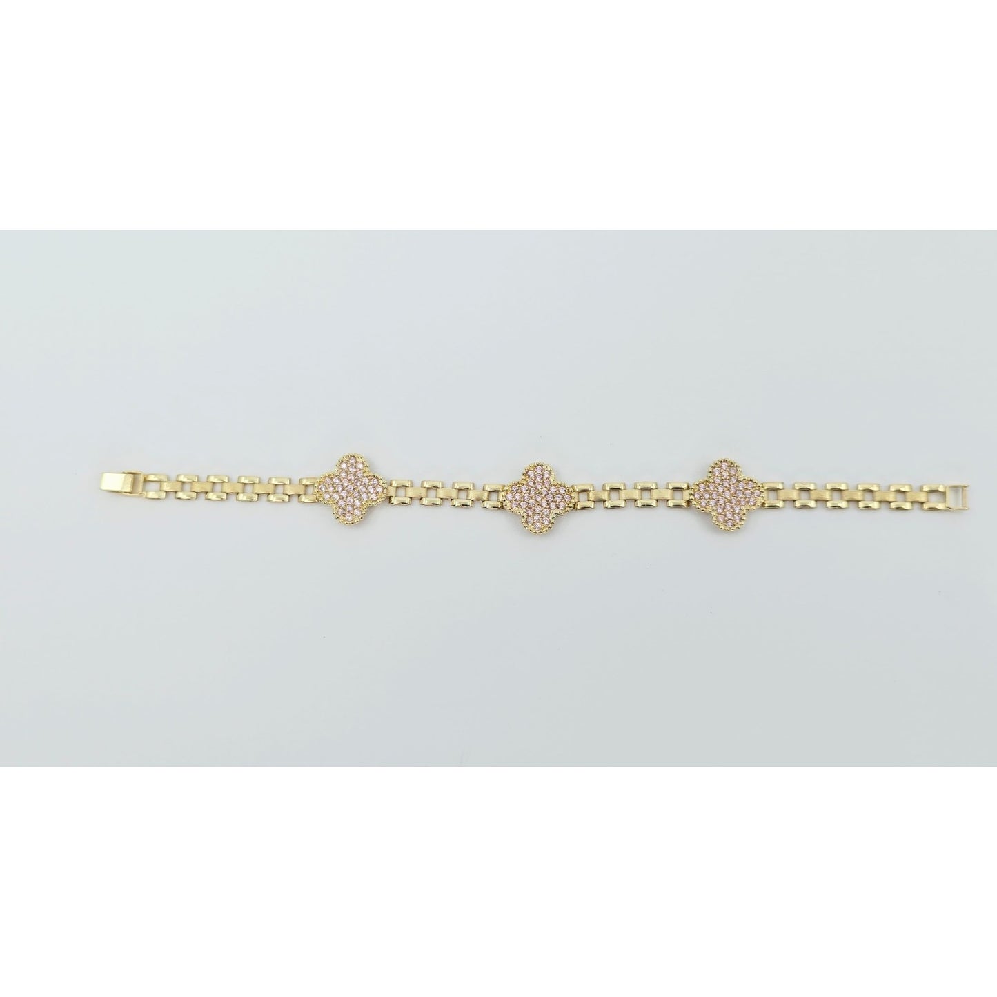 10K Yellow Gold Four Leaf Clover Rolex Link Chain CZ Bracelet