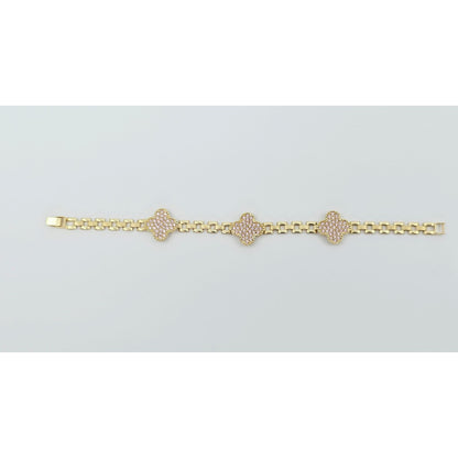 10K Yellow Gold Four Leaf Clover Rolex Link Chain CZ Bracelet