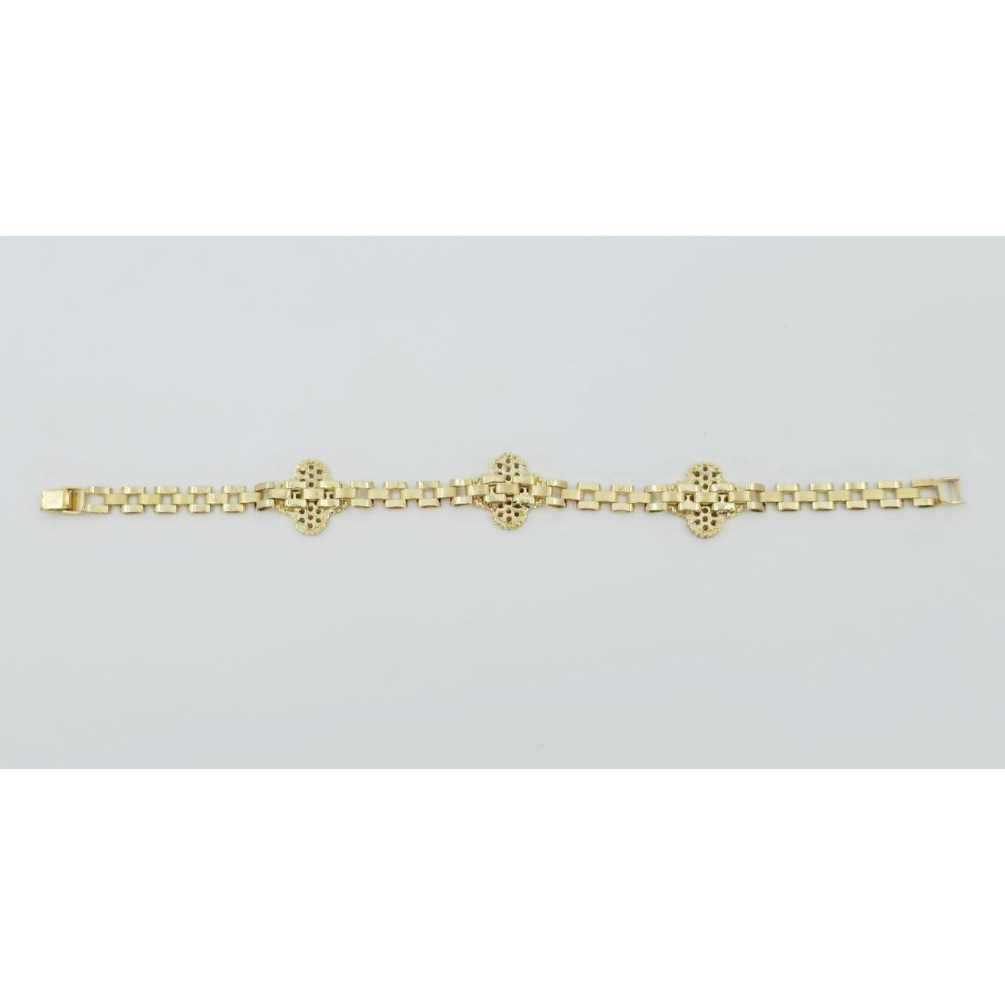 10K Yellow Gold Four Leaf Clover Rolex Link Chain CZ Bracelet