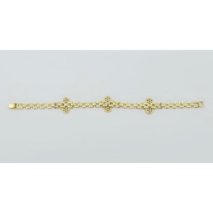 10K Yellow Gold Four Leaf Clover Rolex Link Chain CZ Bracelet