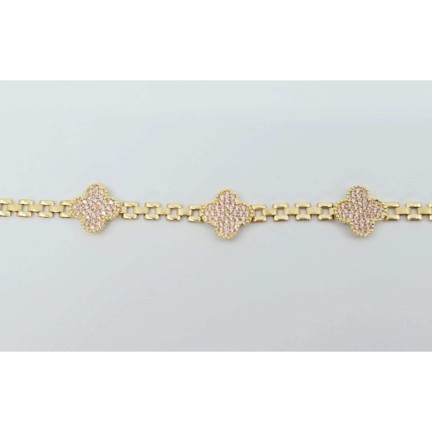 10K Yellow Gold Four Leaf Clover Rolex Link Chain CZ Bracelet