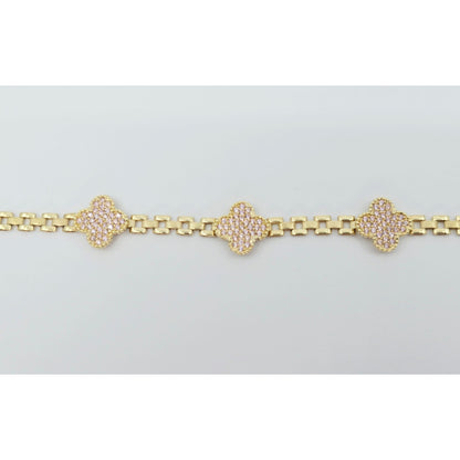 10K Yellow Gold Four Leaf Clover Rolex Link Chain CZ Bracelet