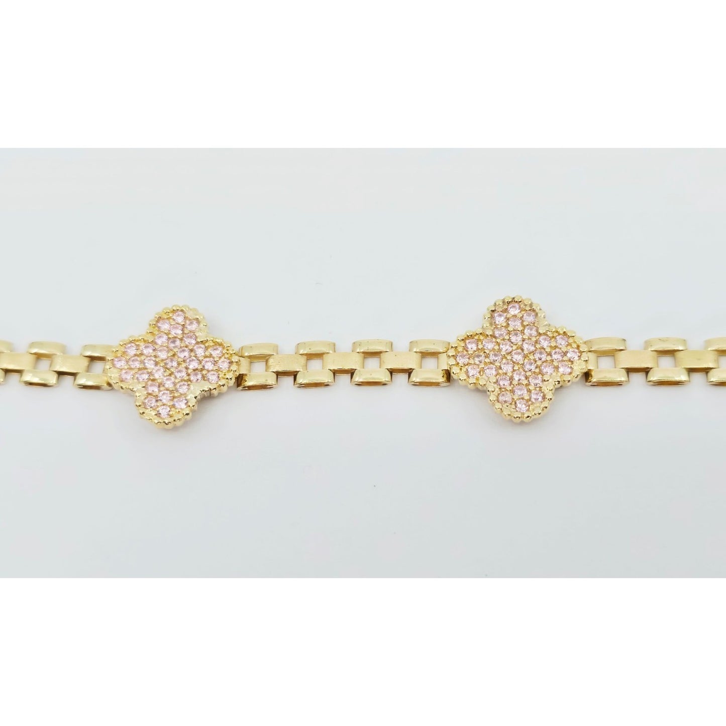 10K Yellow Gold Four Leaf Clover Rolex Link Chain CZ Bracelet