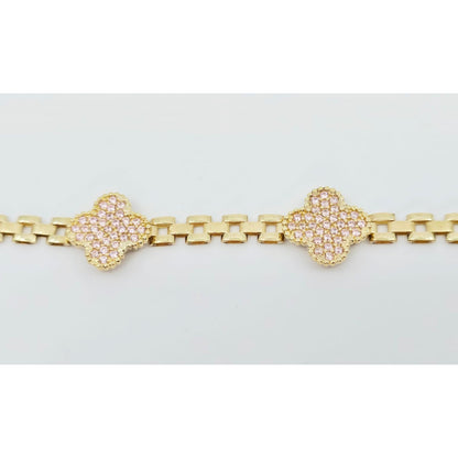10K Yellow Gold Four Leaf Clover Rolex Link Chain CZ Bracelet