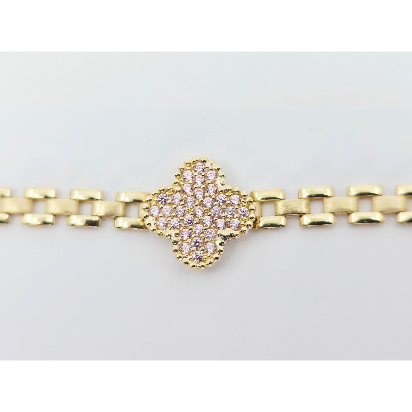 10K Yellow Gold Four Leaf Clover Rolex Link Chain CZ Bracelet