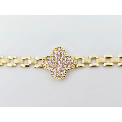 10K Yellow Gold Four Leaf Clover Rolex Link Chain CZ Bracelet