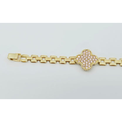 10K Yellow Gold Four Leaf Clover Rolex Link Chain CZ Bracelet