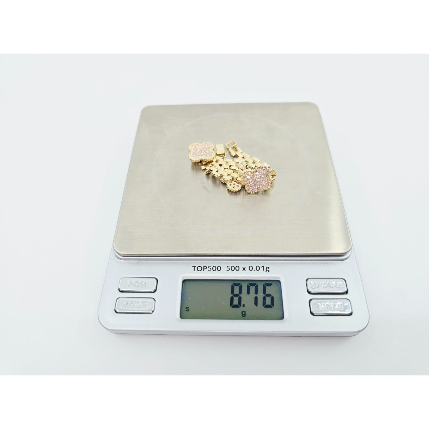 10K Yellow Gold Four Leaf Clover Rolex Link Chain CZ Bracelet