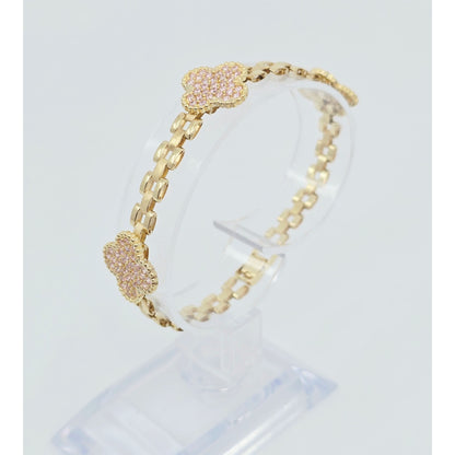 10K Yellow Gold Four Leaf Clover Rolex Link Chain CZ Bracelet