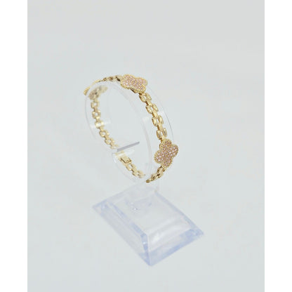 10K Yellow Gold Four Leaf Clover Rolex Link Chain CZ Bracelet