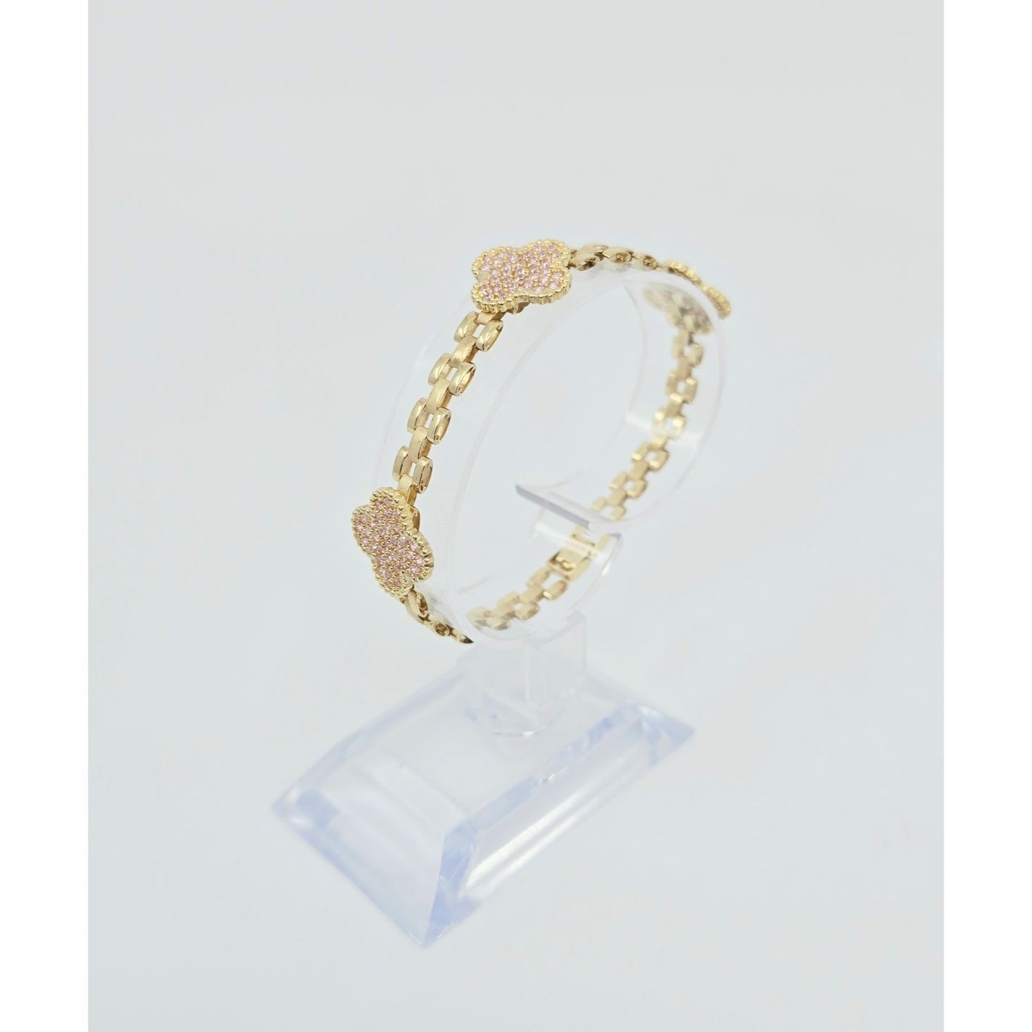 10K Yellow Gold Four Leaf Clover Rolex Link Chain CZ Bracelet