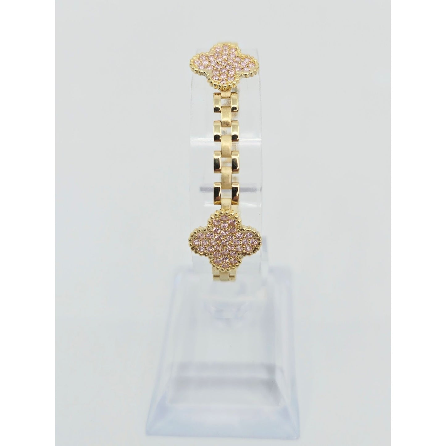 10K Yellow Gold Four Leaf Clover Rolex Link Chain CZ Bracelet