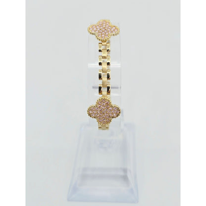 10K Yellow Gold Four Leaf Clover Rolex Link Chain CZ Bracelet