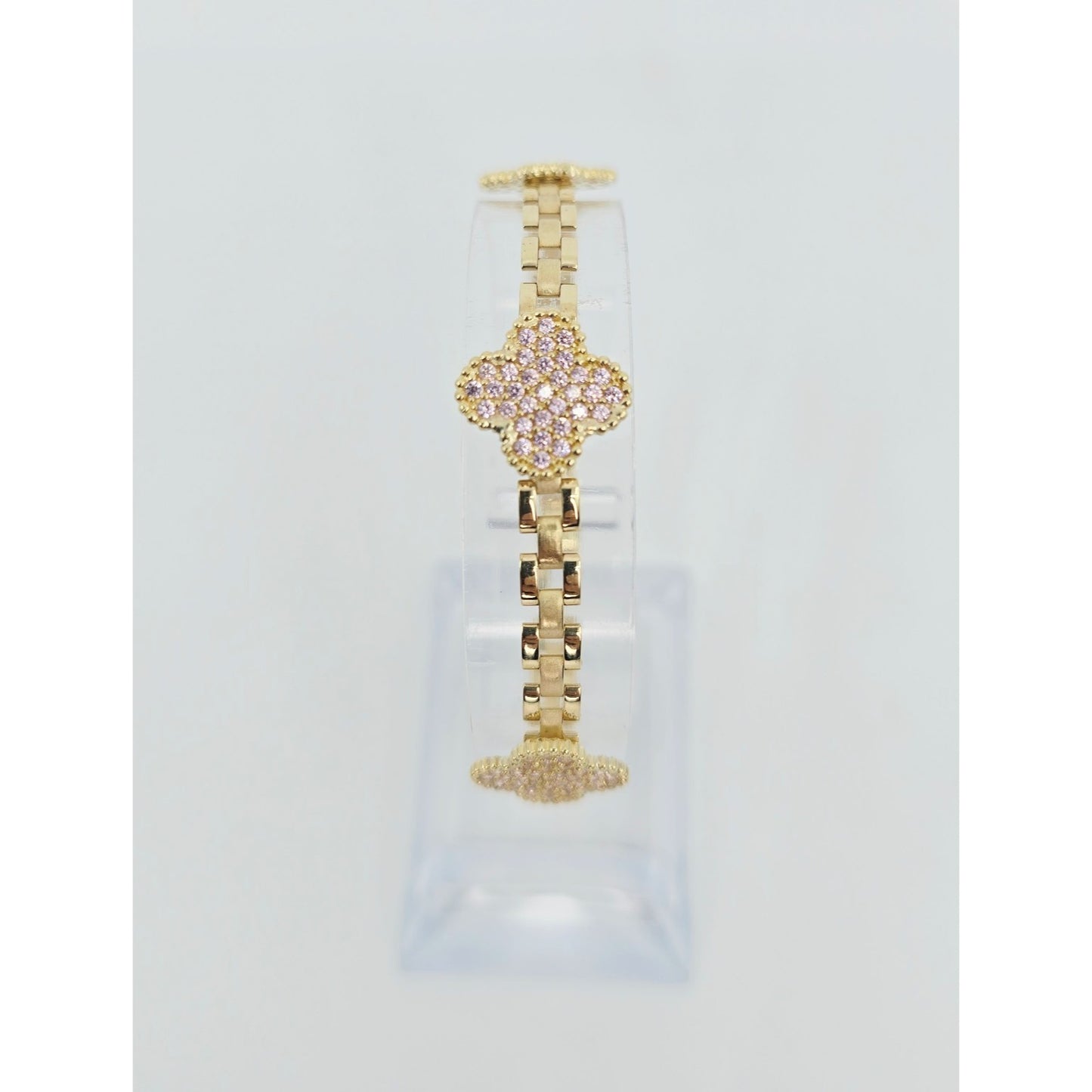 10K Yellow Gold Four Leaf Clover Rolex Link Chain CZ Bracelet