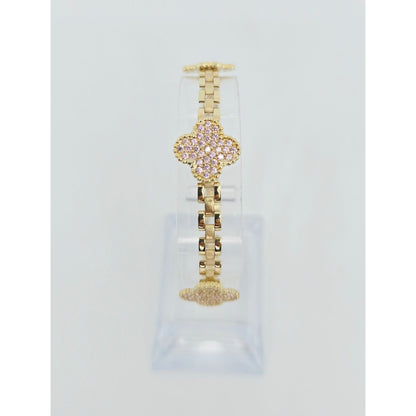 10K Yellow Gold Four Leaf Clover Rolex Link Chain CZ Bracelet