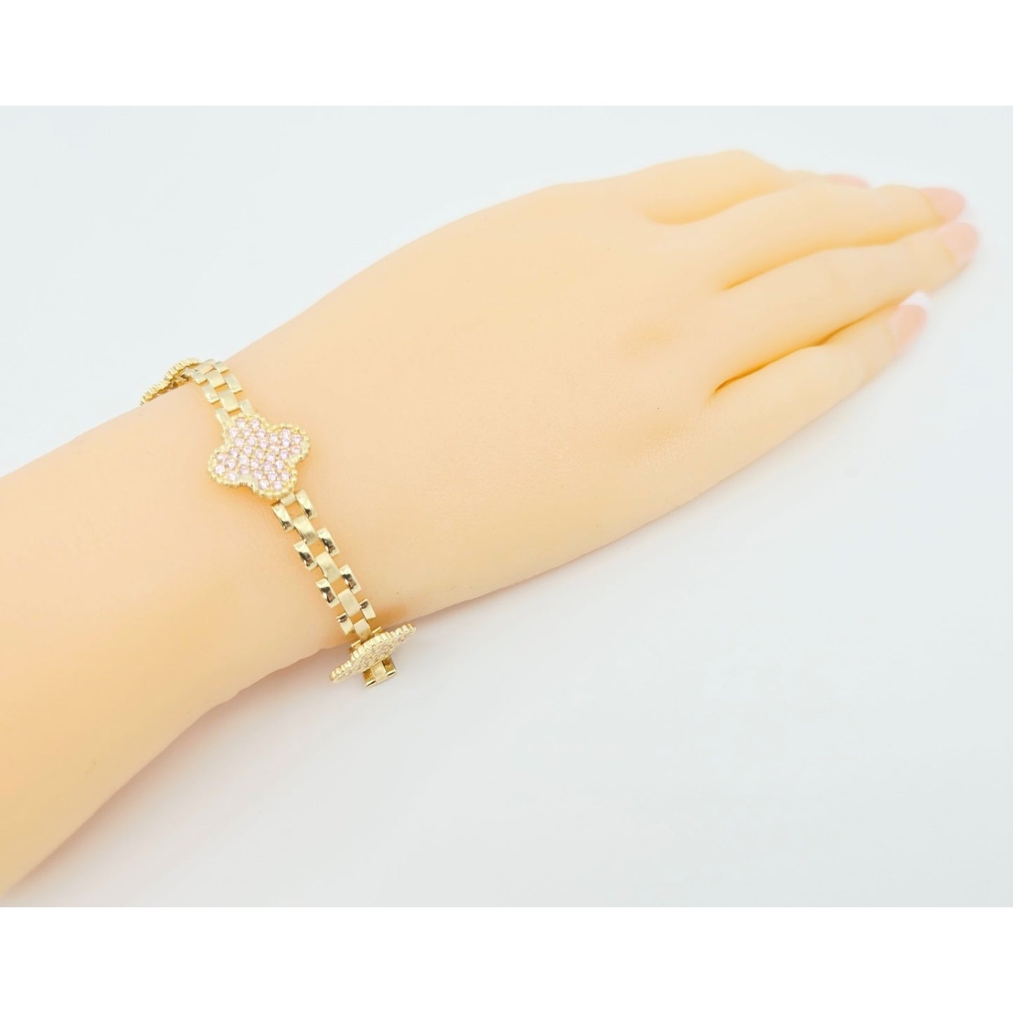 10K Yellow Gold Four Leaf Clover Rolex Link Chain CZ Bracelet