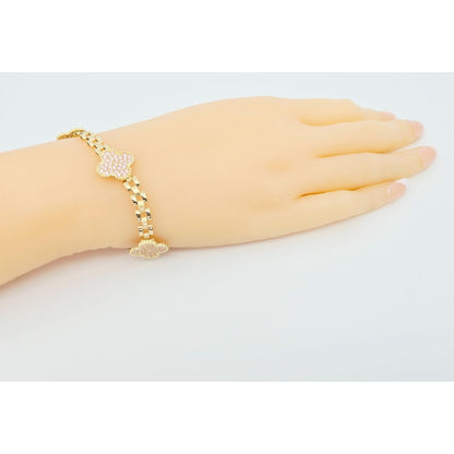 10K Yellow Gold Four Leaf Clover Rolex Link Chain CZ Bracelet