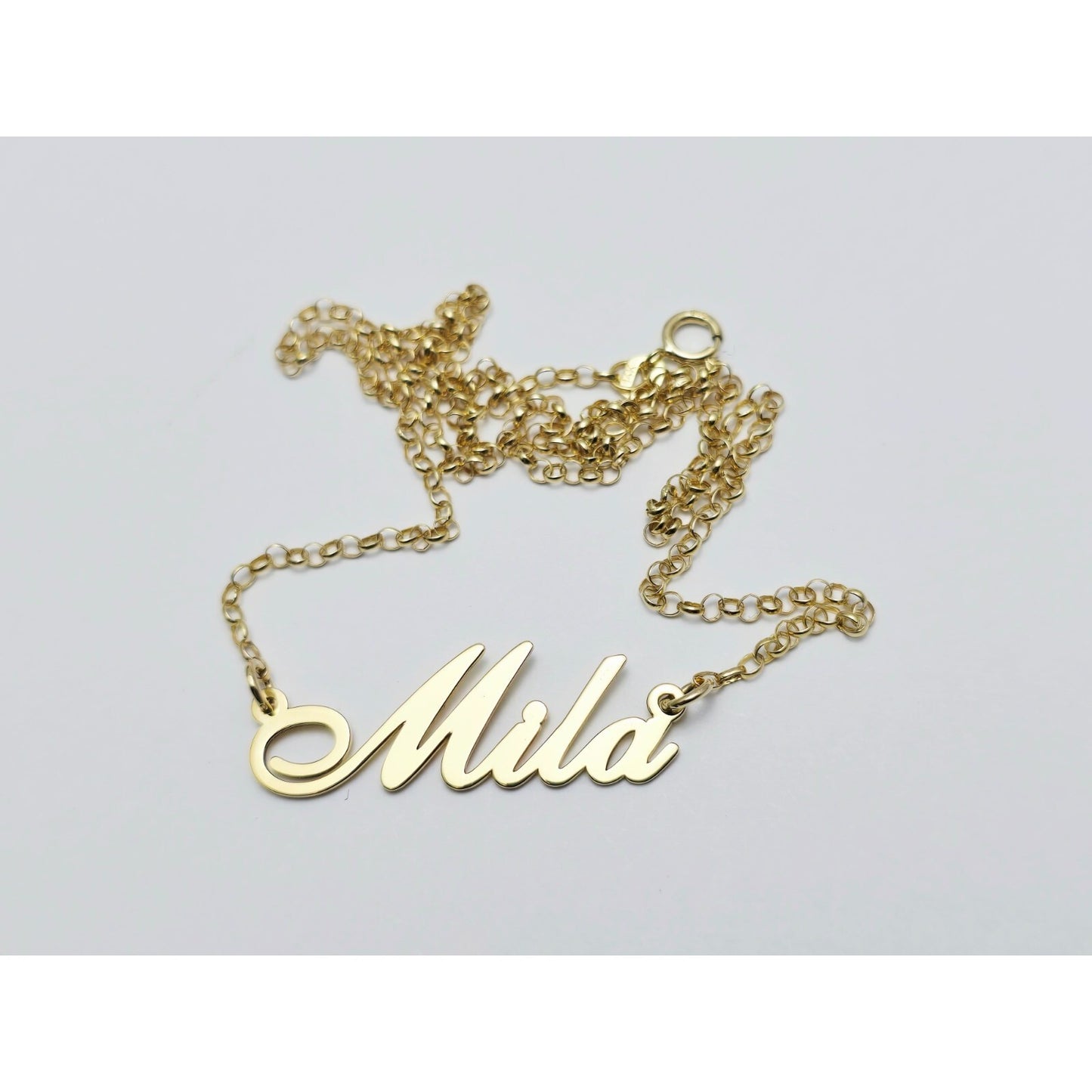14K Yellow Gold Initial Name "Mila" Charm Pendant Cable Link Chain Necklace