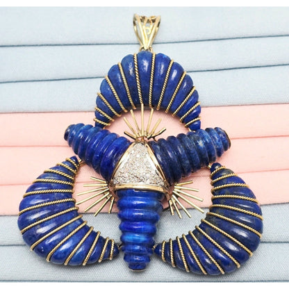 Large 14K Two Tone Gold Lapis Lazuli & Diamond Flower Charm Pendant