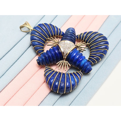 Large 14K Two Tone Gold Lapis Lazuli & Diamond Flower Charm Pendant