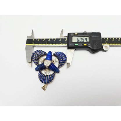 Large 14K Two Tone Gold Lapis Lazuli & Diamond Flower Charm Pendant