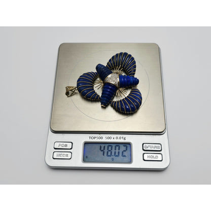 Large 14K Two Tone Gold Lapis Lazuli & Diamond Flower Charm Pendant