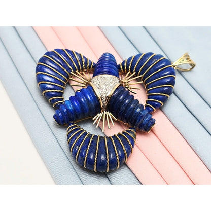 Large 14K Two Tone Gold Lapis Lazuli & Diamond Flower Charm Pendant