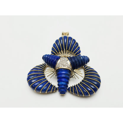 Large 14K Two Tone Gold Lapis Lazuli & Diamond Flower Charm Pendant
