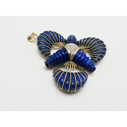 Large 14K Two Tone Gold Lapis Lazuli & Diamond Flower Charm Pendant