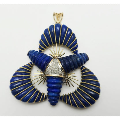 Large 14K Two Tone Gold Lapis Lazuli & Diamond Flower Charm Pendant