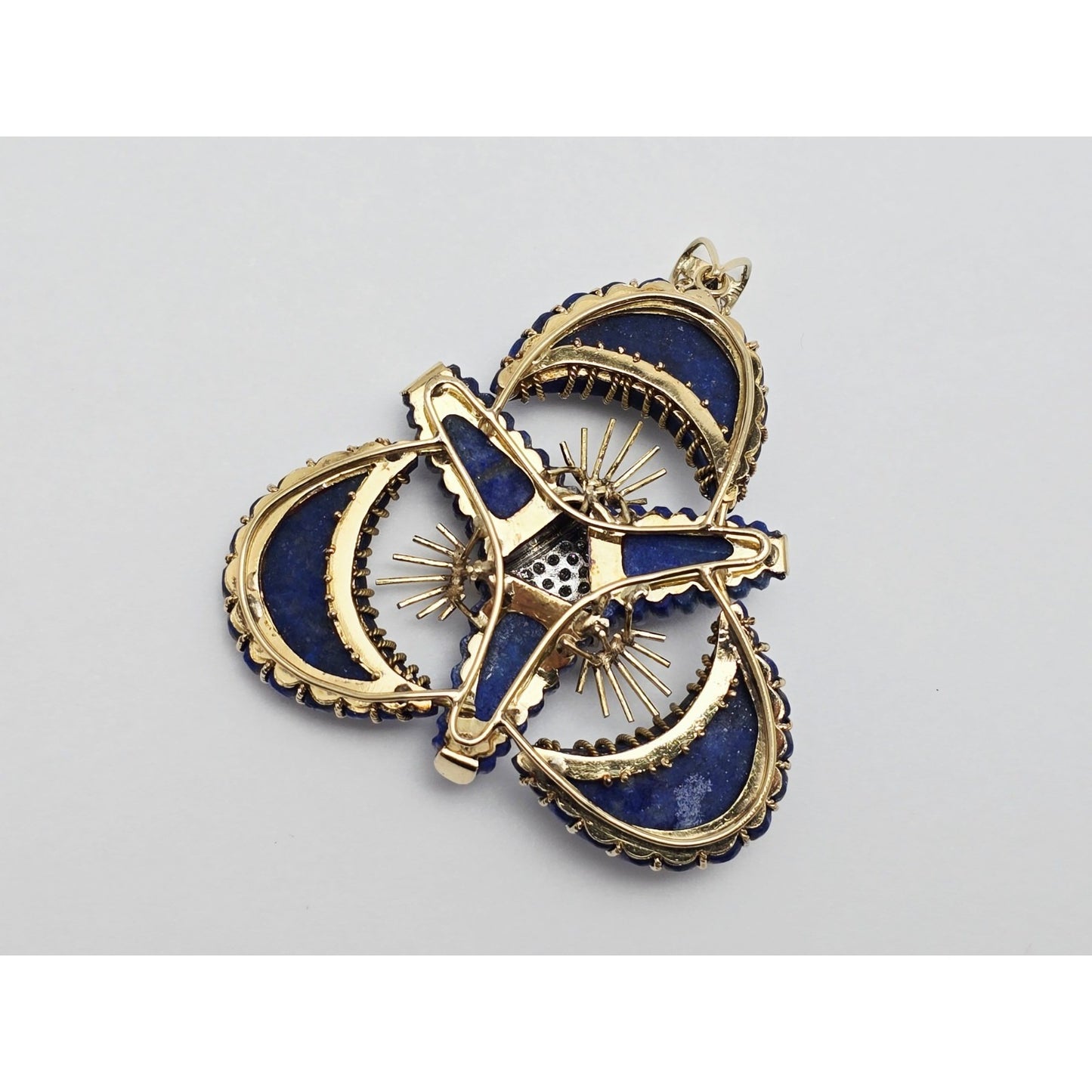 Large 14K Two Tone Gold Lapis Lazuli & Diamond Flower Charm Pendant