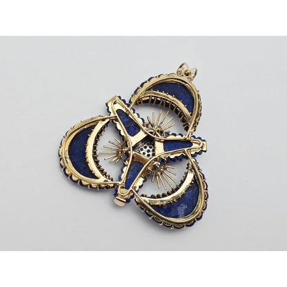 Large 14K Two Tone Gold Lapis Lazuli & Diamond Flower Charm Pendant