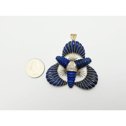 Large 14K Two Tone Gold Lapis Lazuli & Diamond Flower Charm Pendant