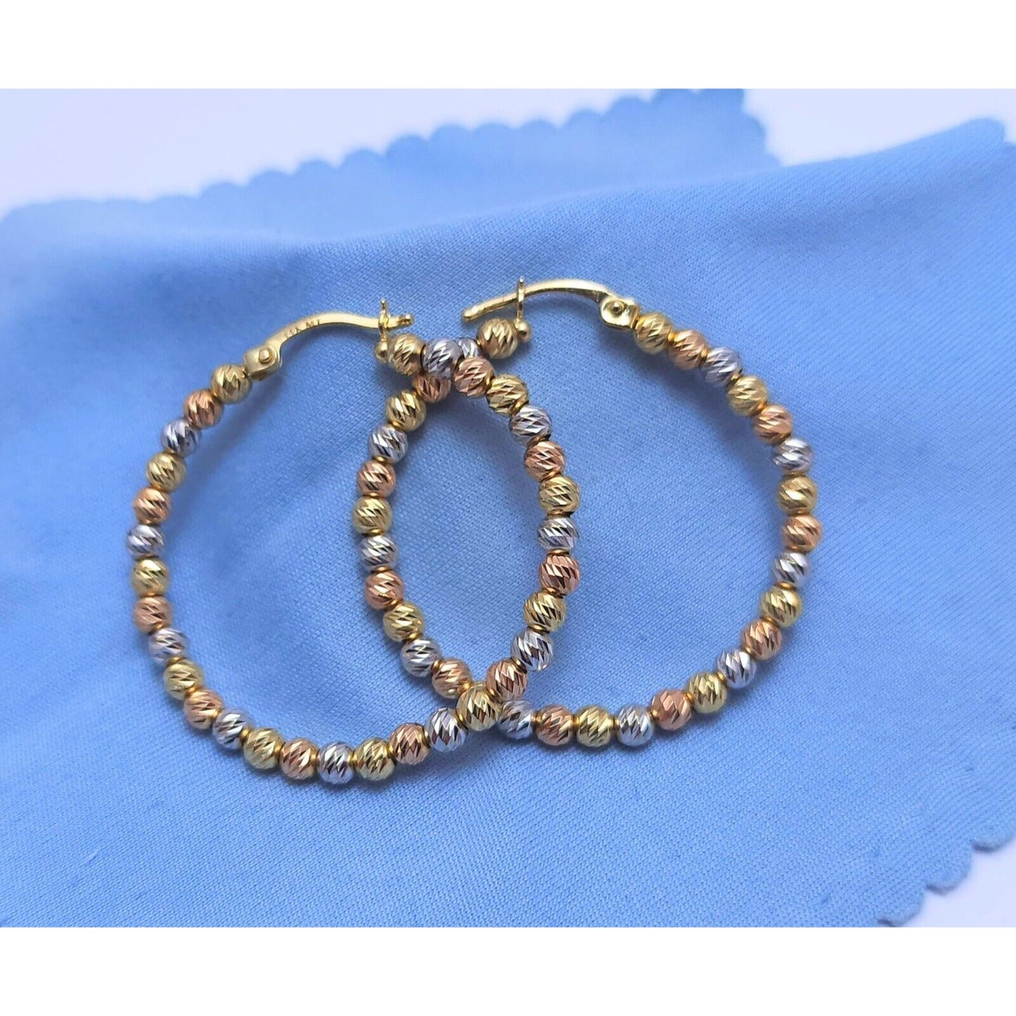 14K Tri Tone Gold Diamond Cut Bead Ball Round Hoop Earrings