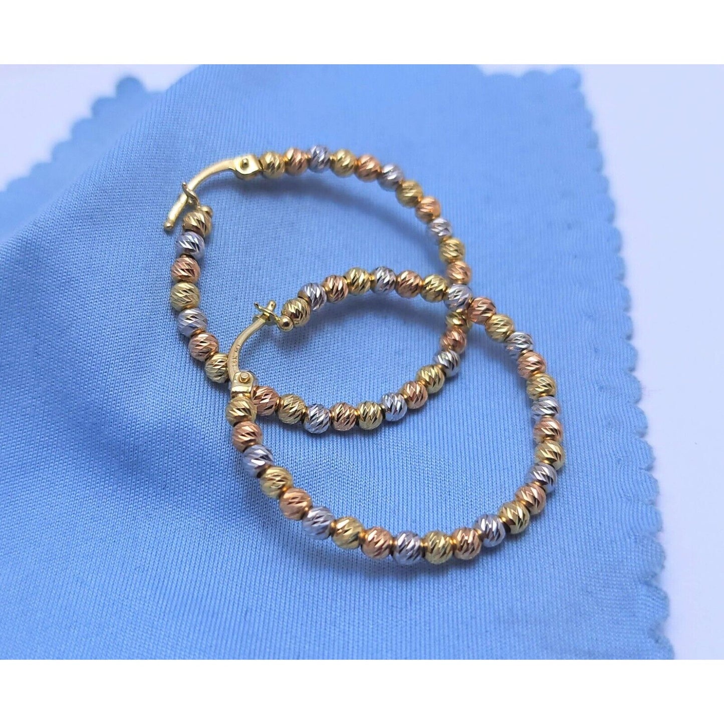 14K Tri Tone Gold Diamond Cut Bead Ball Round Hoop Earrings