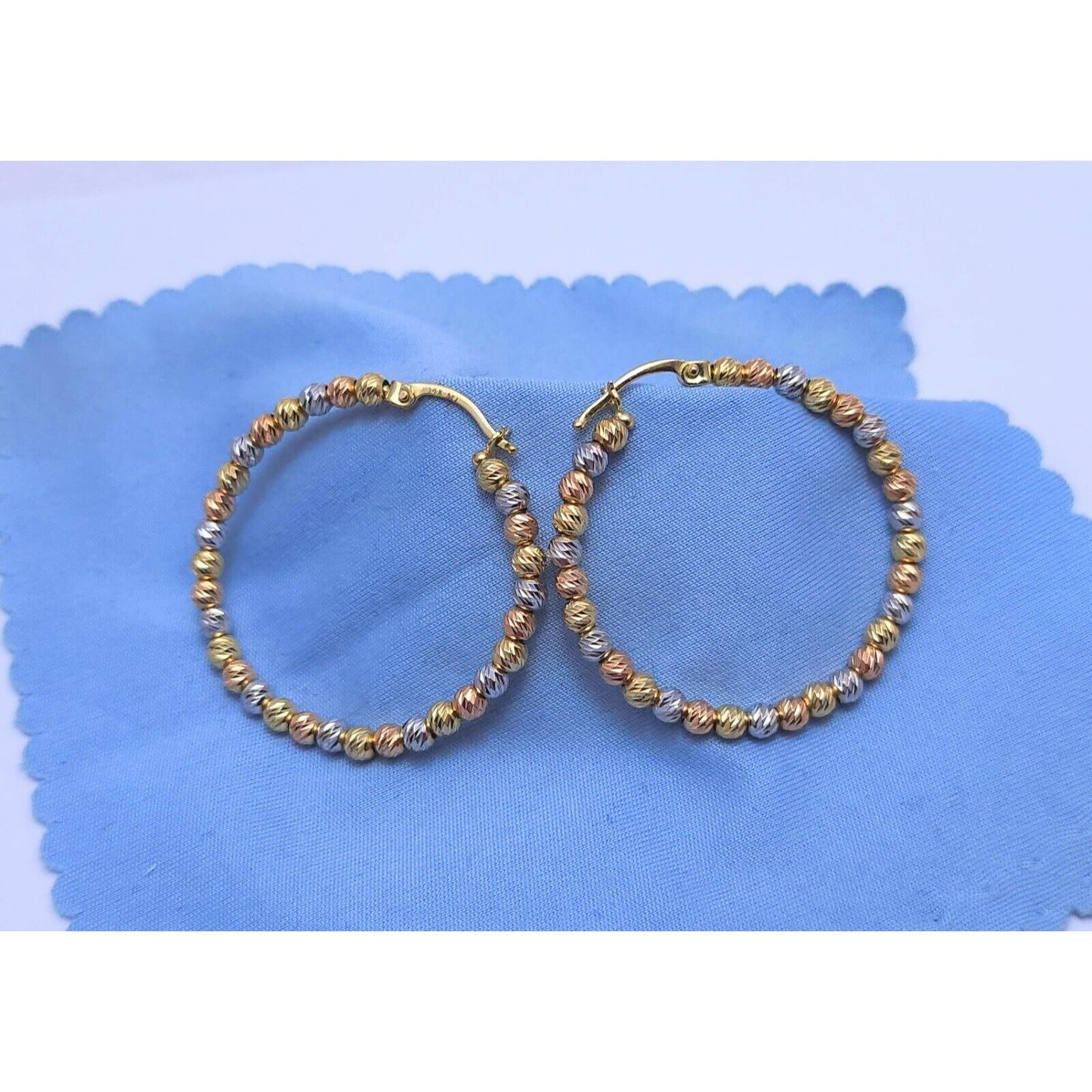 14K Tri Tone Gold Diamond Cut Bead Ball Round Hoop Earrings