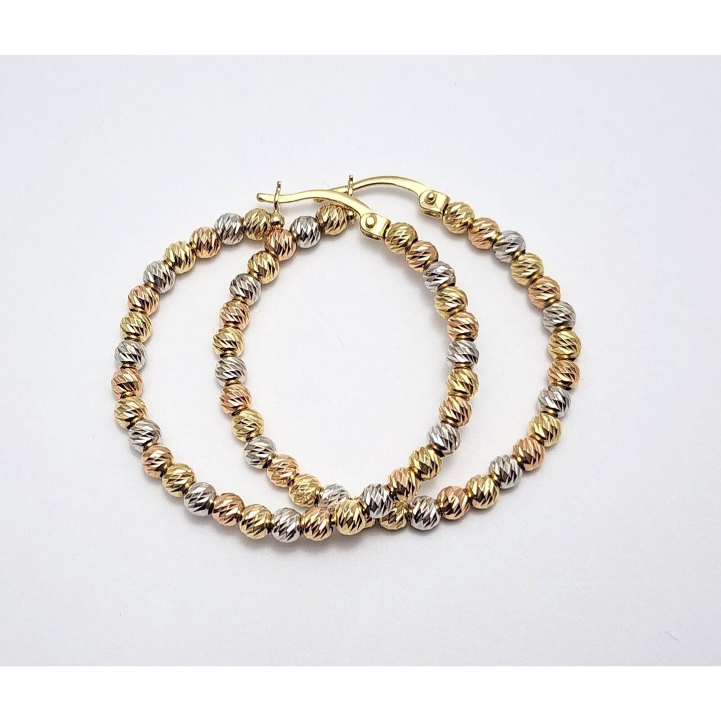 14K Tri Tone Gold Diamond Cut Bead Ball Round Hoop Earrings