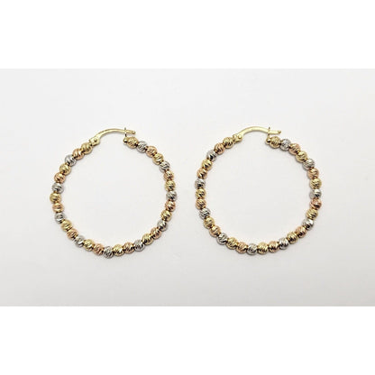 14K Tri Tone Gold Diamond Cut Bead Ball Round Hoop Earrings