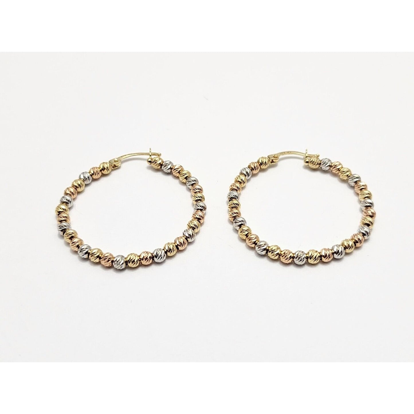 14K Tri Tone Gold Diamond Cut Bead Ball Round Hoop Earrings