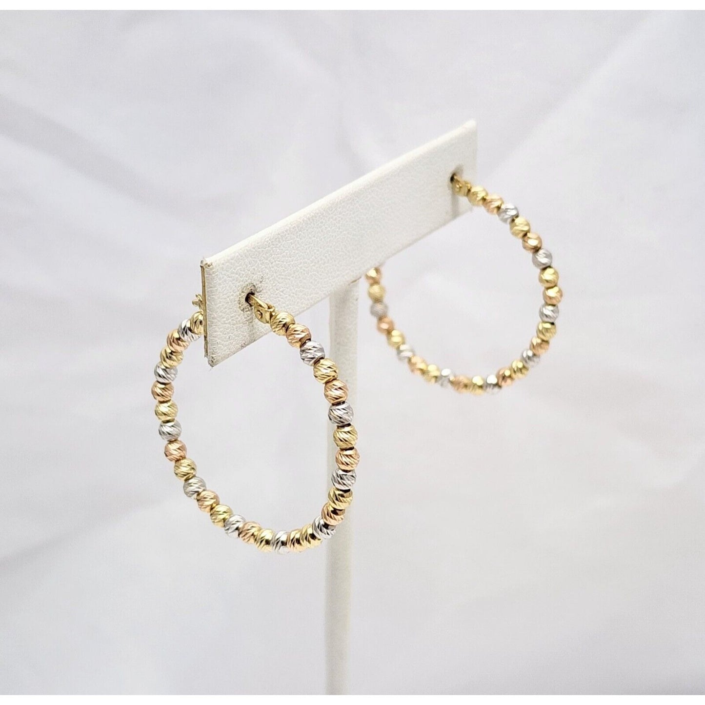 14K Tri Tone Gold Diamond Cut Bead Ball Round Hoop Earrings