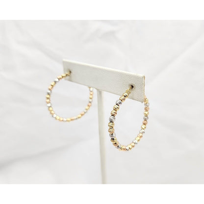 14K Tri Tone Gold Diamond Cut Bead Ball Round Hoop Earrings