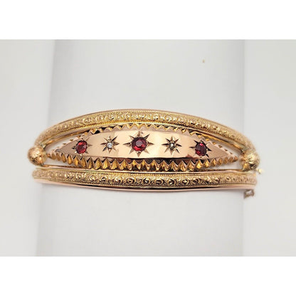 Vintage 9K Rose Gold Garnet & Diamond Bangle Bracelet