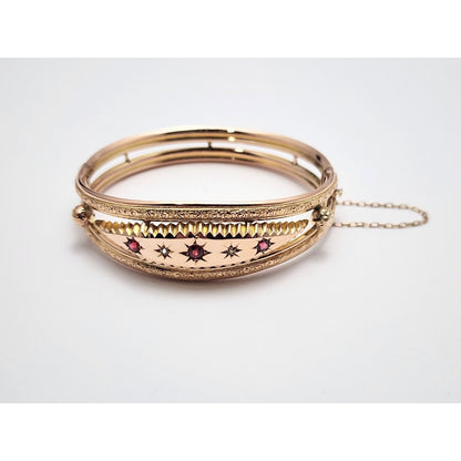 Vintage 9K Rose Gold Garnet & Diamond Bangle Bracelet