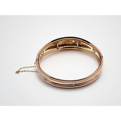 Vintage 9K Rose Gold Garnet & Diamond Bangle Bracelet