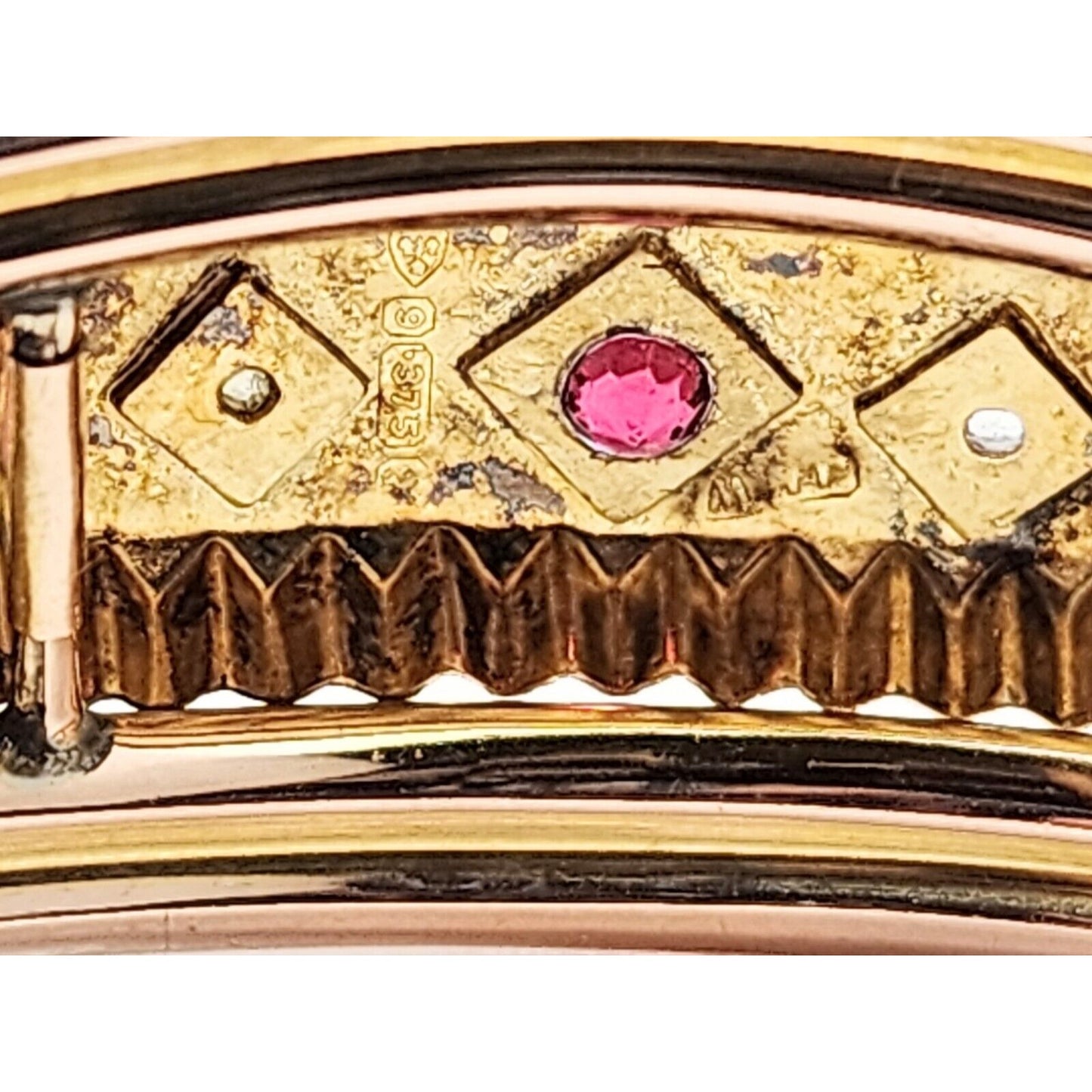 Vintage 9K Rose Gold Garnet & Diamond Bangle Bracelet