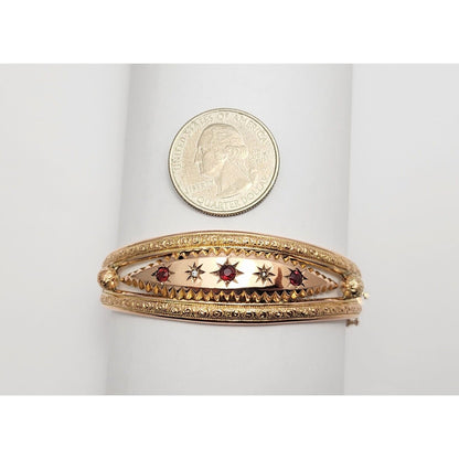 Vintage 9K Rose Gold Garnet & Diamond Bangle Bracelet