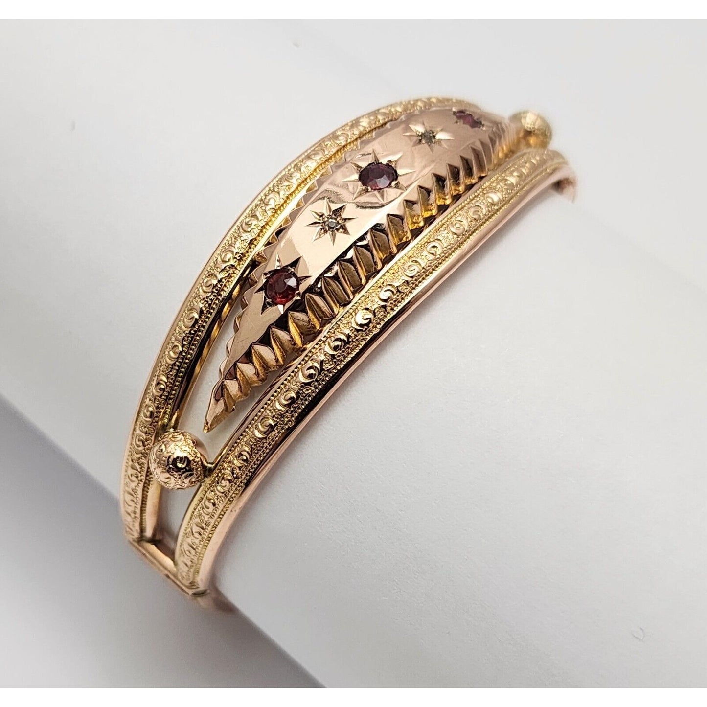 Vintage 9K Rose Gold Garnet & Diamond Bangle Bracelet